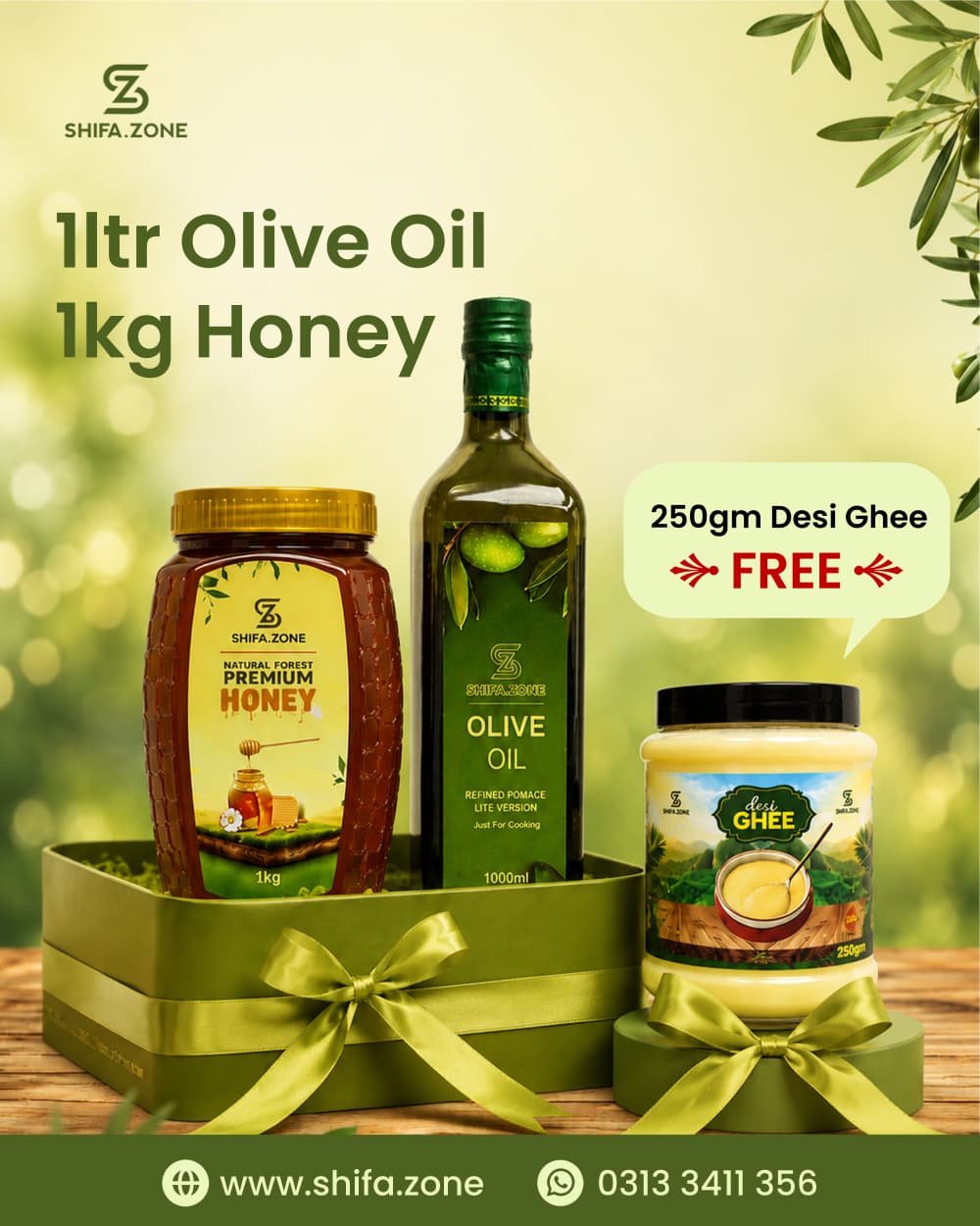 Olive Oil + Honey + Free Desi Ghee